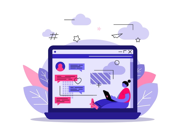 Illustratie van een monitor met chatberichten. Vector. Vlakke stijl. Mocap, websjabloon. Karakter in chatrooms en boodschappers. Communicatie in sociale netwerken.