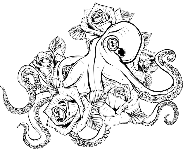Vector illustratie van een monochrome octopus met rozen