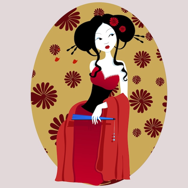 Illustratie van een mooie geisha in rode jurk, heel zachtaardig en gepassioneerd