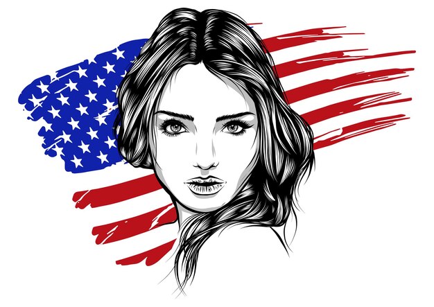 Illustratie van een mooie vrouw met de amerikaanse vlag op de achtergrond