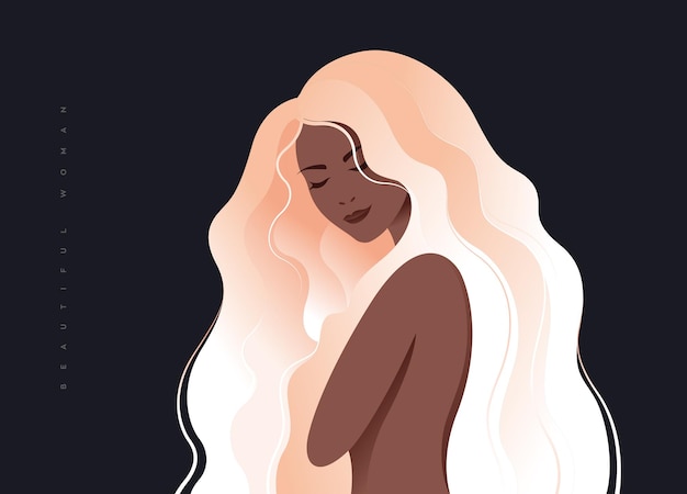 illustratie van een mooie zwarte vrouw met lang gloeiend koperhaar
