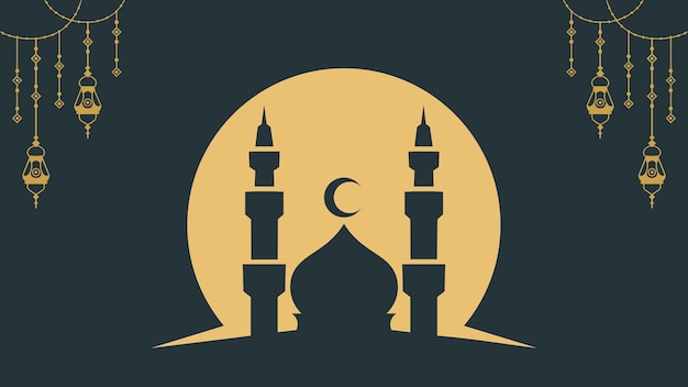 Illustratie van een moskee met lantaarns en een halve maan op een donkere achtergrond