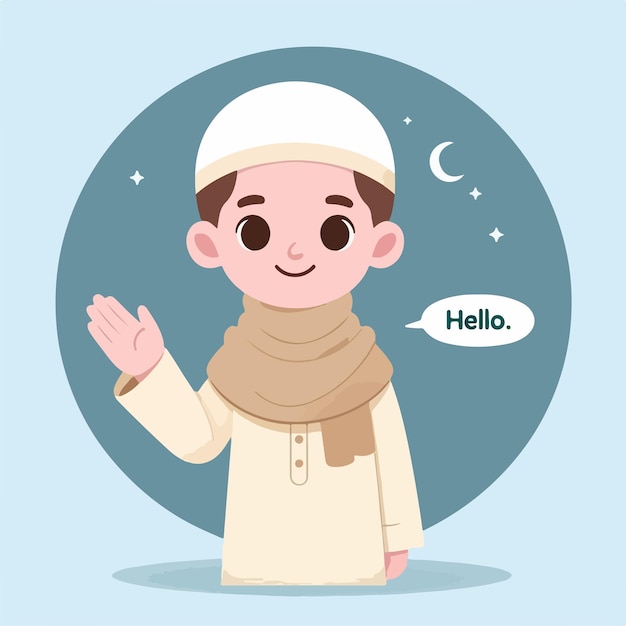 Illustratie van een moslimkind die hallo zegt met een eenvoudige en minimalistische platte ontwerpstijl