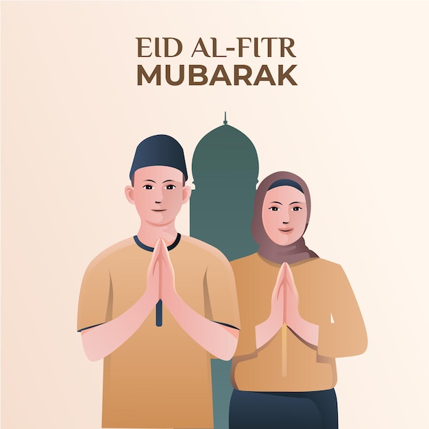 illustratie van een moslimman en moslimvrouw die eid al Fitr . begroeten