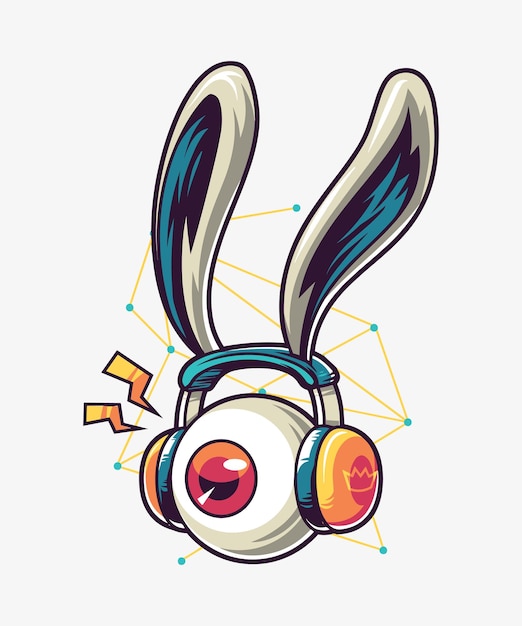 Illustratie van een oogappel met een koptelefoon en konijnenoren