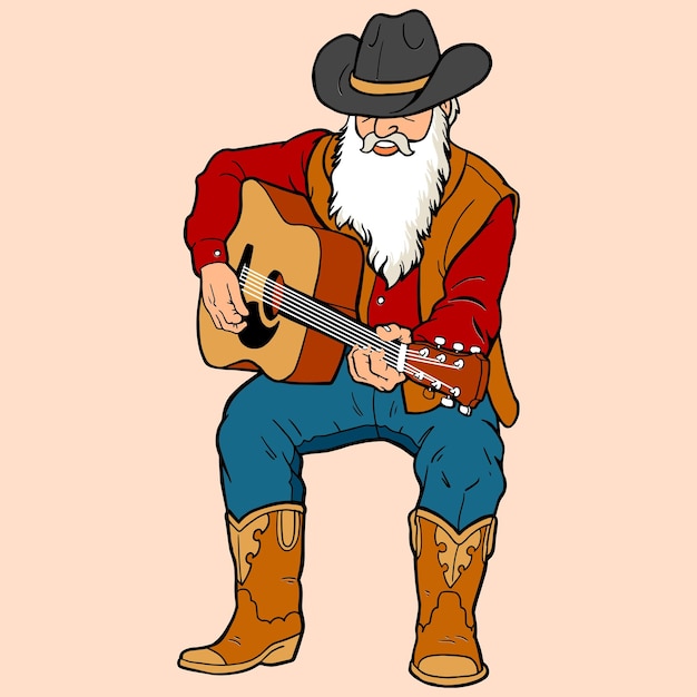 illustratie van een oude cowboy en een gitaar