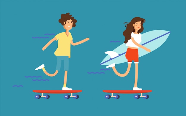 Illustratie van een paar jongen en meisje skateboarders rijden op een skateboards en surfplank te houden.