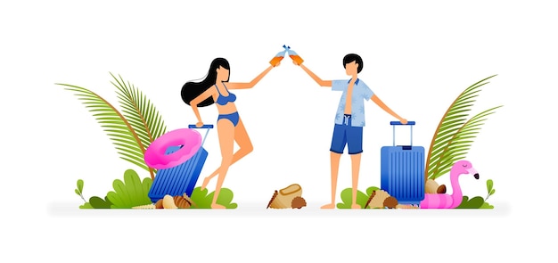 Illustratie van een paar mensen die roosteren met koffers een teken dat het vakantieseizoen is geopend