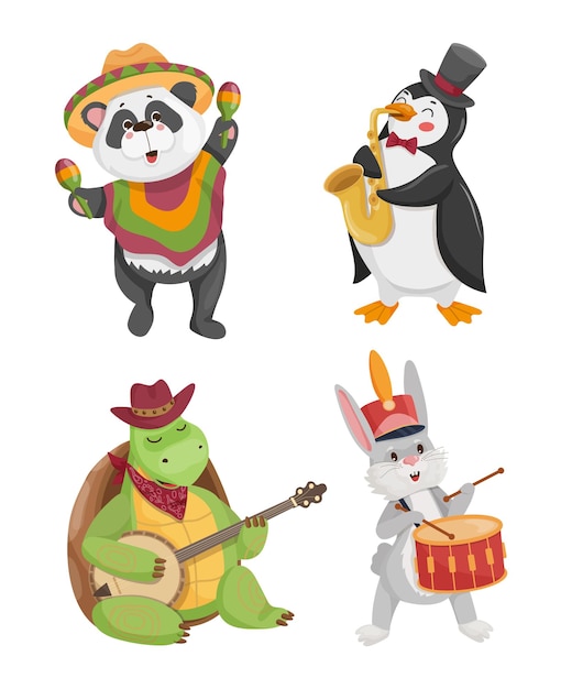 Illustratie van een panda, een pinguïn, een schildpad, een haas die muziekinstrumenten bespeelt. Kinderkunst van schattige dieren ter illustratie van kleding, speelgoed en andere goederen voor kinderen