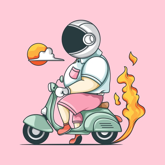 Illustratie van een persoon met een astronautenhelm die op een scooter rijdt