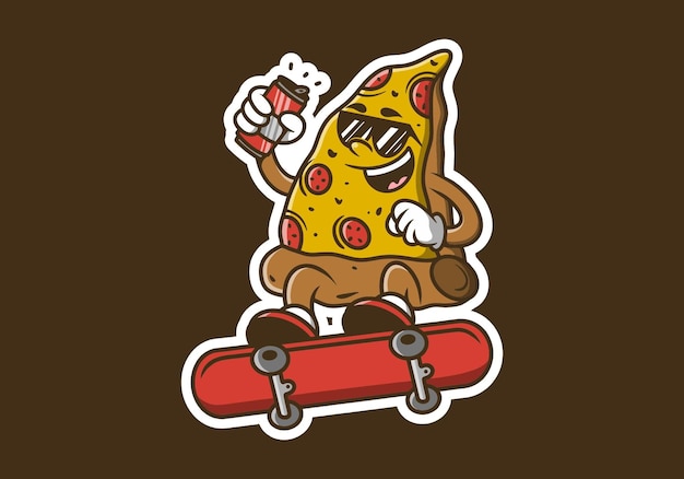 Vector illustratie van een pizza personage die op een skateboard springt