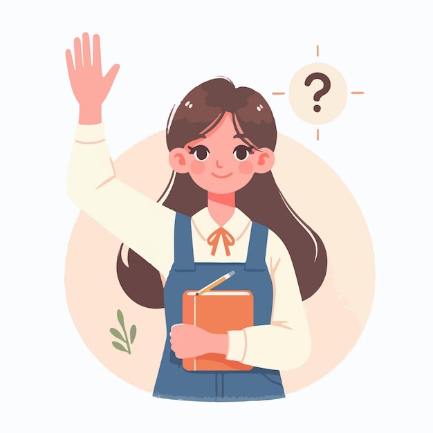 illustratie van een plat ontwerpconcept van een jonge vrouwelijke student die haar hand opheft om een vraag te stellen