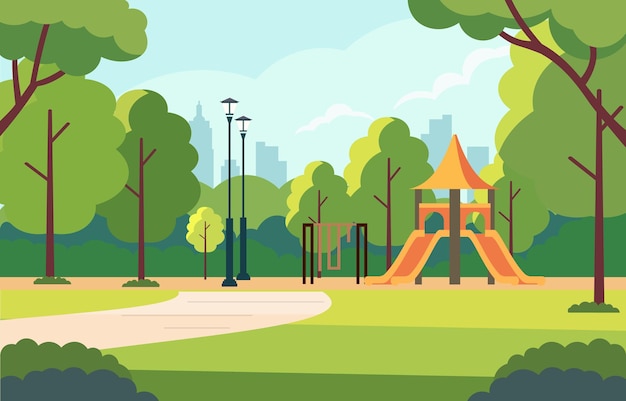 Illustratie van een platte afbeelding van een glijbaan in een stadspark met groene bomen op een heldere dag