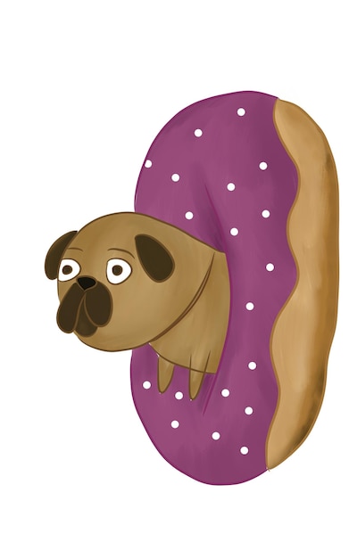 Illustratie van een portret van een kleine cartoonhond met een donut