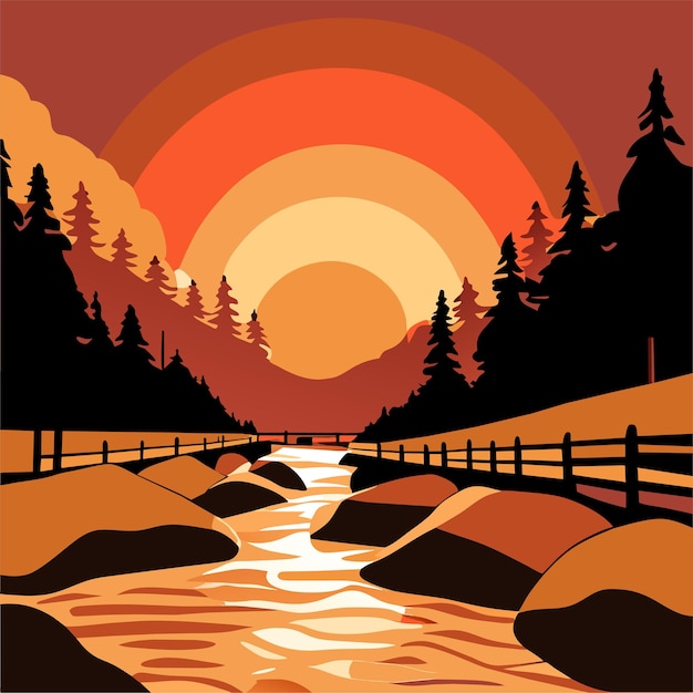 Vector illustratie van een prachtige rustige zonsondergang bij de rivier