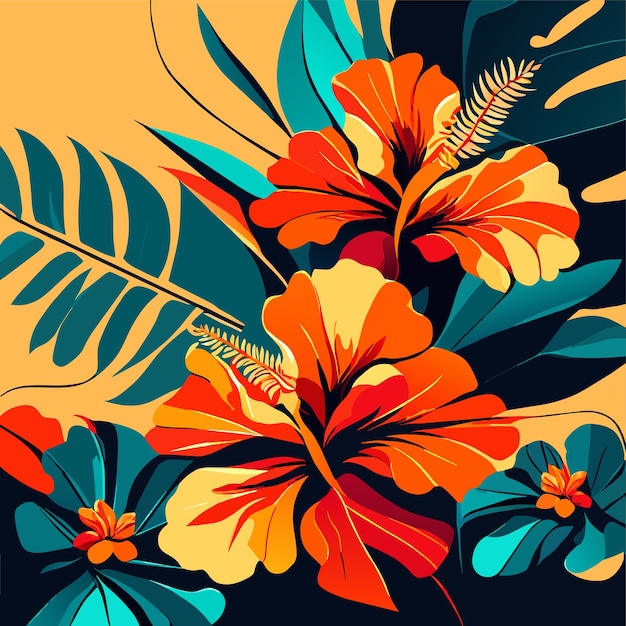 Vector illustratie van een realistische tak van een tropische palmboom met hibiscusbloemen