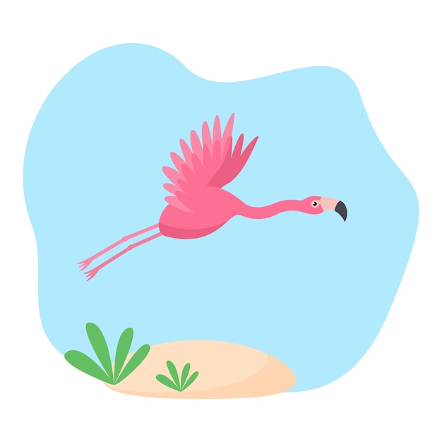 Illustratie van een roze flamingo op het strand.