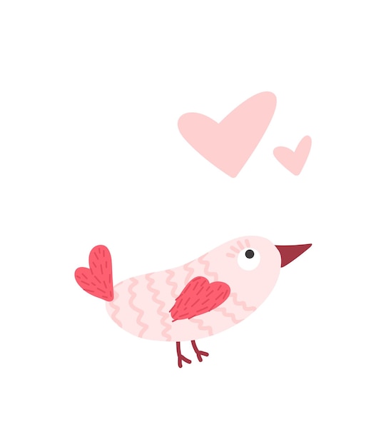 Illustratie van een roze vogel Wenskaart met roze hartjes Valentijnsdag Gestileerde tekening van een vogel voor sticks verpakking poster brochures