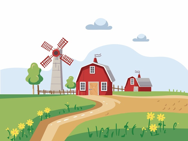 Illustratie van een rustige boerderij met windmolen