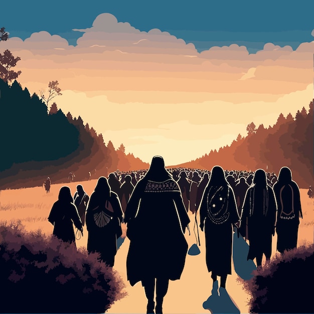 illustratie van een scène waarin het samen marcheren inheems in de natuur wordt vastgelegd