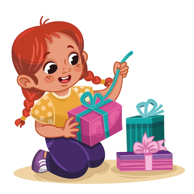 Illustratie van een schattig klein meisje dat cadeaupakketten opent Vectorillustratie