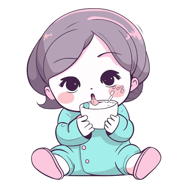 Illustratie van een schattig klein meisje dat melk uit een beker drinkt