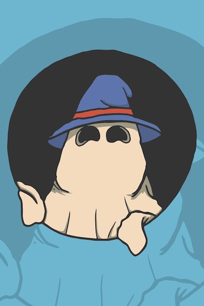 Illustratie van een schattig spook met een blauwe heksenhoed op halloween op een blauwe achtergrond
