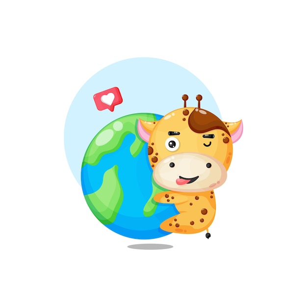 Illustratie van een schattige giraf die de aarde omhelst