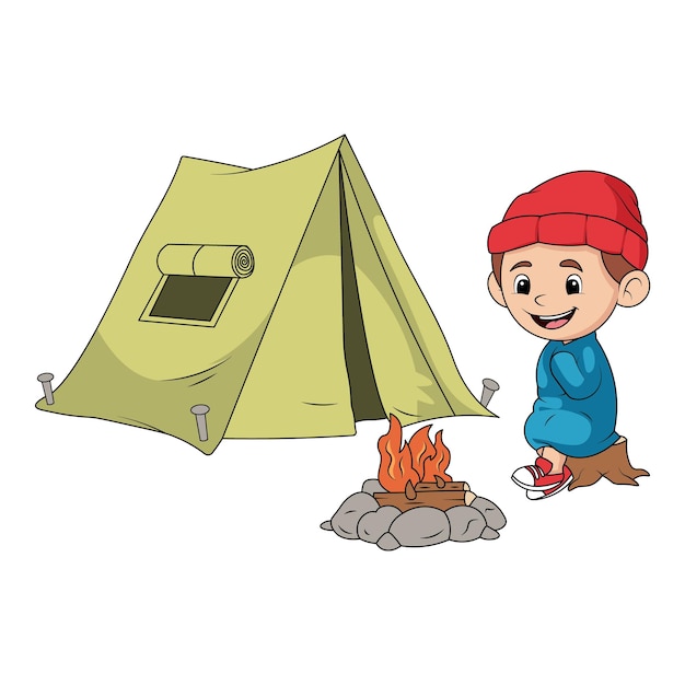 illustratie van een schattige jongen gewikkeld in een deken om zich warm te voelen bij het kampvuur voor een camping