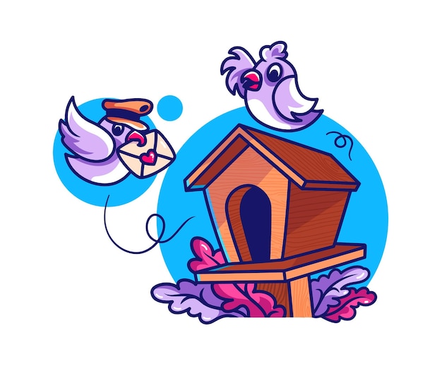 illustratie van een schattige kleurrijke vogel met een houten vogelhuisje en een vogel met een vliegende postbrief