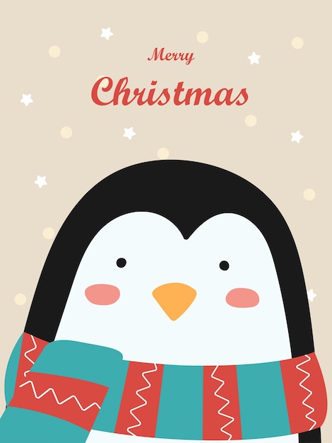 Illustratie van een schattige pinguïn in een gestreepte sjaal Vectorkerstkaart