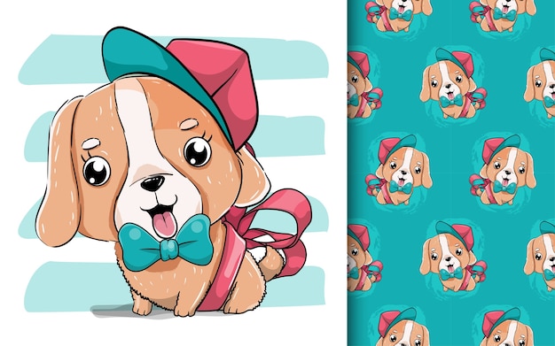 Vector illustratie van een schattige puppy met hoed en rood lint.