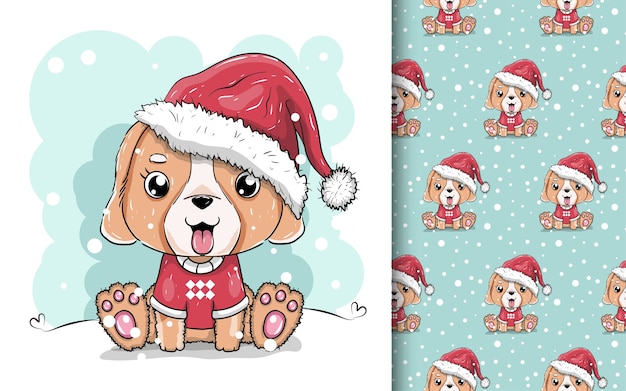 illustratie van een schattige puppy met kerstmuts.