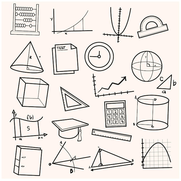 Illustratie van een set lijntekeningen Doodles met een wiskundethema op een crèmekleurige achtergrond