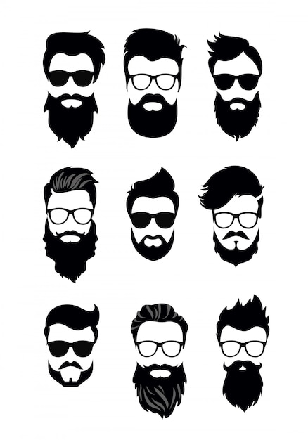 illustratie van een set van bebaarde mannen gezichten, hipsters met verschillende kapsels, snorren, baarden. Silhouetten mannen kapsels vlakke stijl.