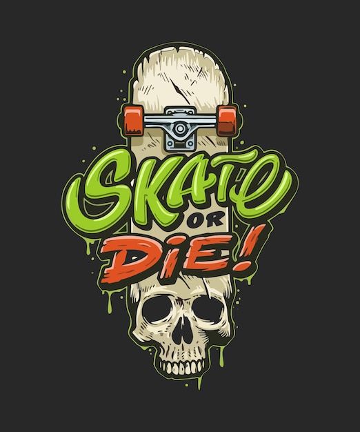 Illustratie van een skateboard en een schedelafficheontwerp
