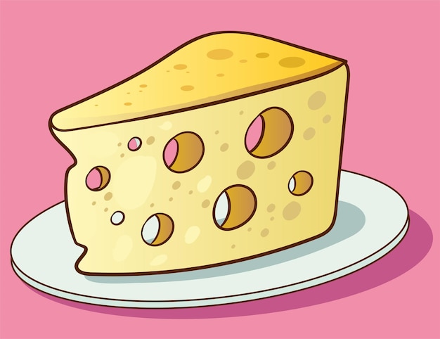 Illustratie van een stuk kaas op een wit bord op een roze achtergrond