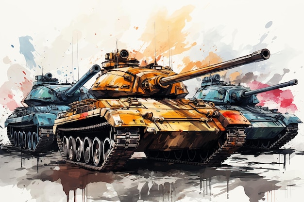 Illustratie van een tank te midden van chaos of oorlog