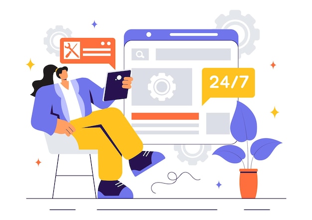 Illustratie van een technisch ondersteuningssysteem met klantenservice voor softwareontwikkeling en IT-ondersteuning in een platte achtergrond