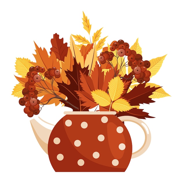 Illustratie van een theepot met een boeket herfstbladeren het concept van thanksgiving