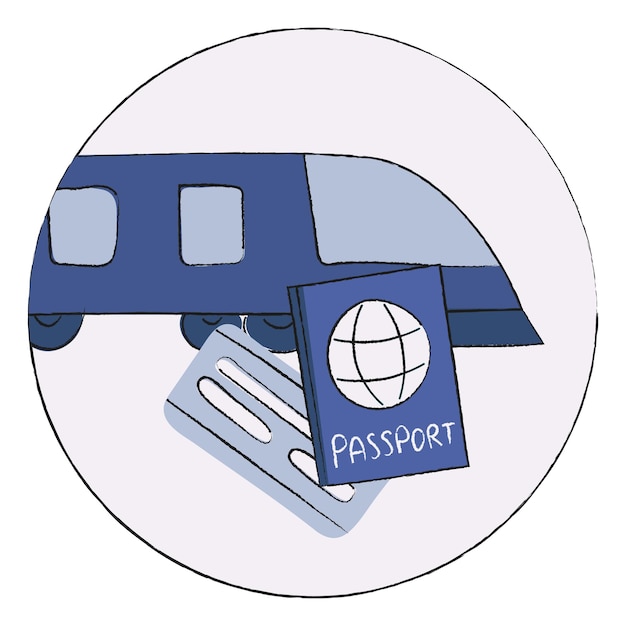 Vector illustratie van een trein met een kaartje en paspoort in een cirkel blauwe kleuren doodle-stijl