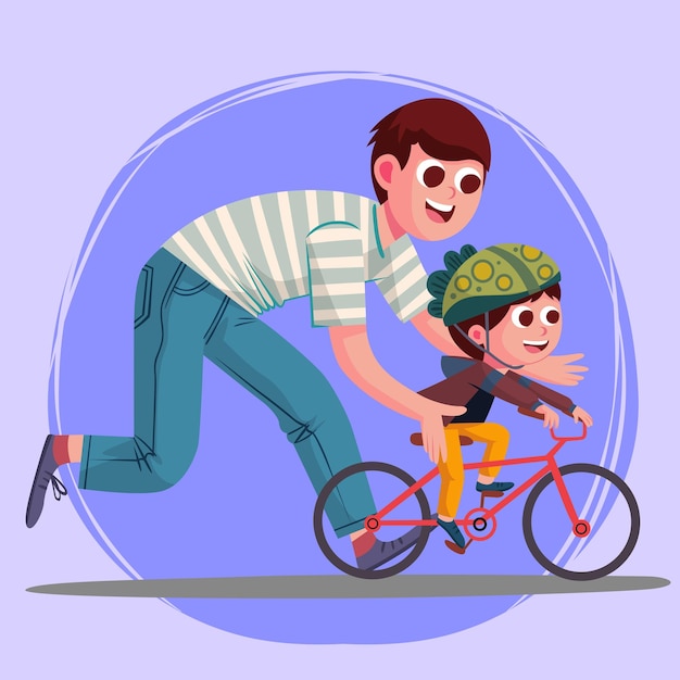 illustratie van een vader die zijn zoon leert fietsen vol vreugde en liefde ik hou van papa