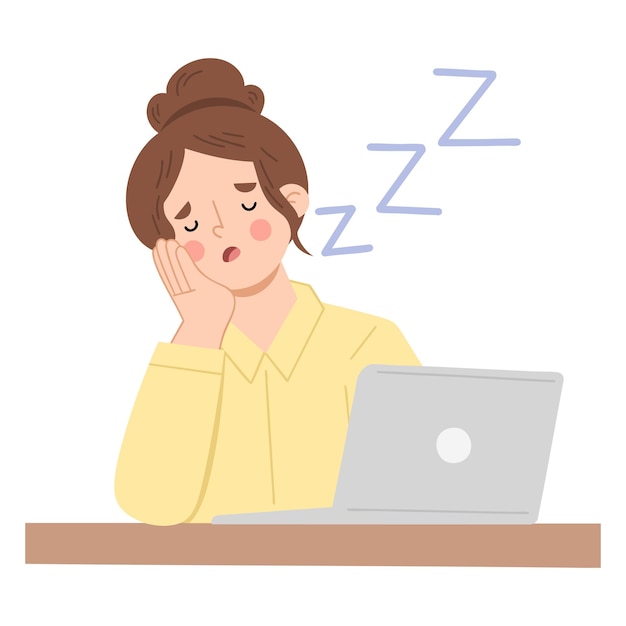 Illustratie van een vermoeide vrouw die aan een laptop werkt