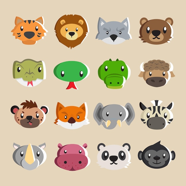 illustratie van een verzameling van verschillende 16 schattige wilde dierenhoofden voor stickers