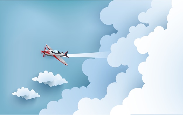 Vector illustratie van een vliegtuig over een wolk