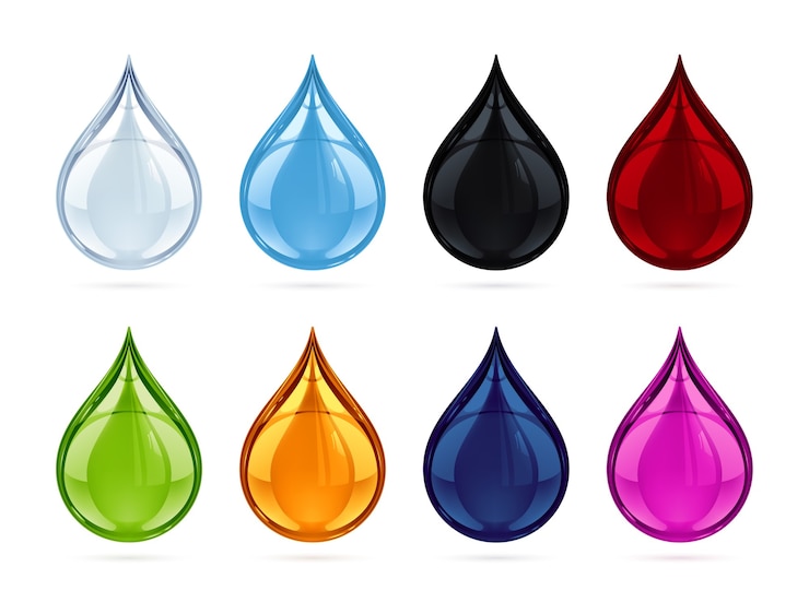 Vector illustratie van een vloeistofdruppel in 8 verschillende kleuren.
