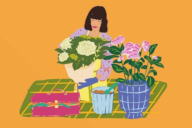 Illustratie van een vrouw als bloemist of tuinman met bloemen