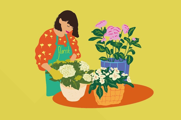 Illustratie van een vrouw als bloemist of tuinman met bloemen