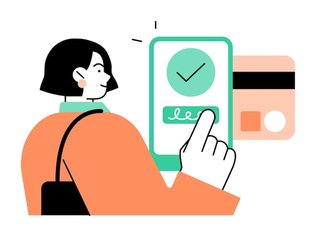 Vector illustratie van een vrouw die een betaling bevestigt met haar mobiele apparaat en creditcard