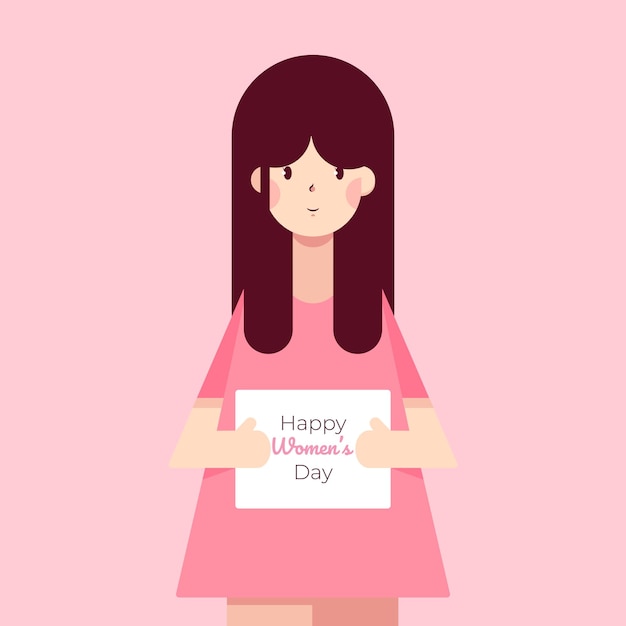 Illustratie van een vrouw die een papier vasthoudt met daarop 'gelukkige vrouwendag'